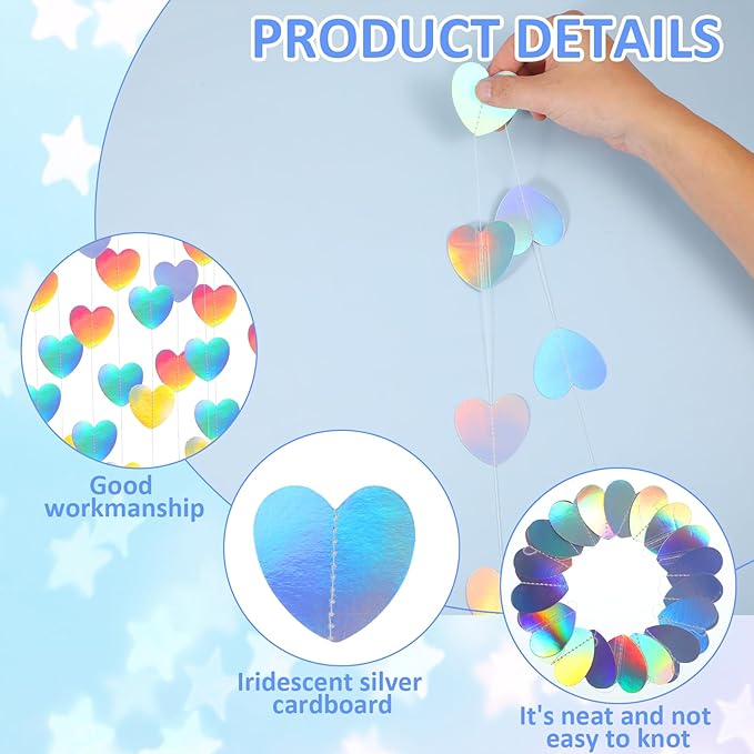 2m Heart Garland, Holographic Heart Streamers Christmas Paper Garland