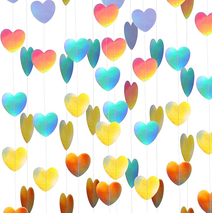 2m Heart Garland, Holographic Heart Streamers Christmas Paper Garland