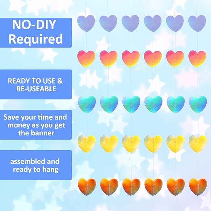 2m Heart Garland, Holographic Heart Streamers Christmas Paper Garland