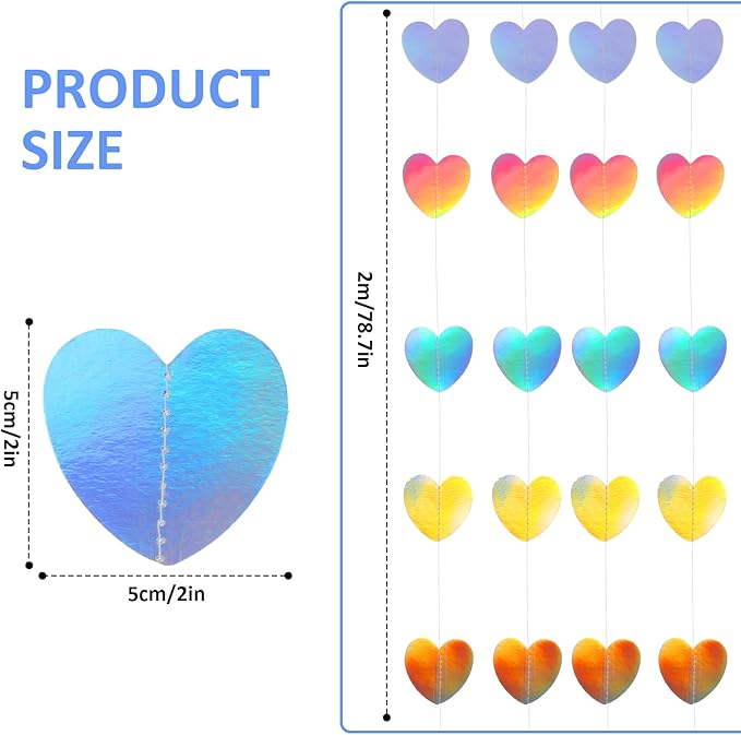 2m Heart Garland, Holographic Heart Streamers Christmas Paper Garland