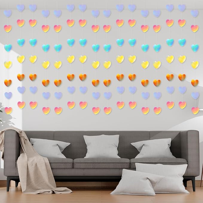 2m Heart Garland, Holographic Heart Streamers Christmas Paper Garland