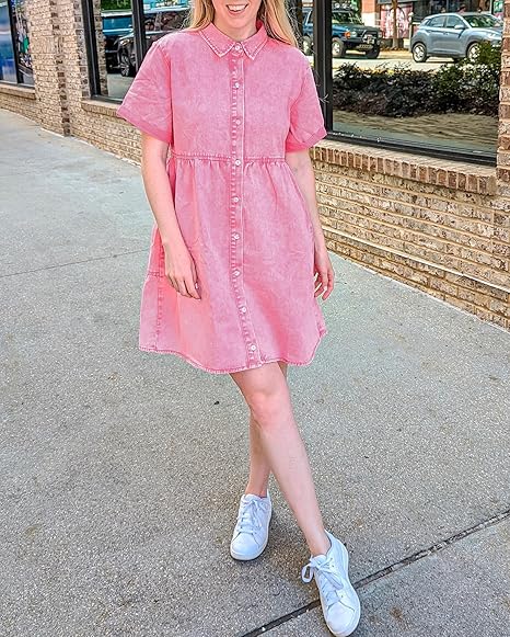 Women's Casual Babydoll Denim Dress Short Sleeve